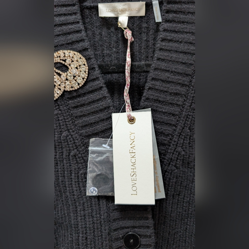 LoveShackFancy Black Ribbed Cardigan with Floral Bow - Picture 6 of 10